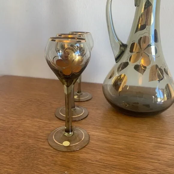 Vintage Made In Hungary ART Glass Decanter Glasses Set Hand Painted Gold Trim